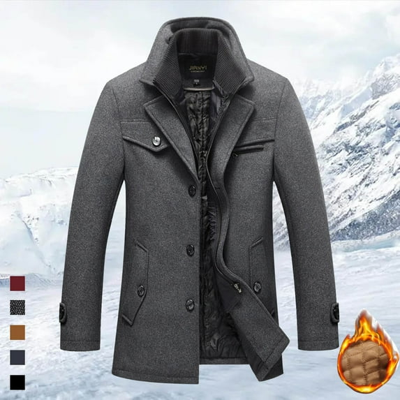 MHFRRA Mens Coat Winter Male Zipper Woolen Double Neck Mid Length Jacket Warm