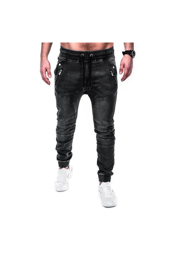 Mens Jeans Bootcut Mens Fashion Casual Pants Straight Pocket Drawstring Waist Solid Color Slim Toe Jeans Size L