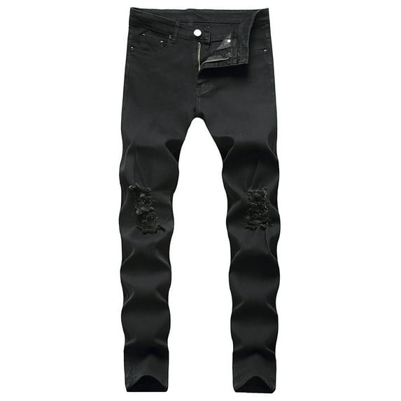 MHFRRA Mens Straight Leg Jeans Male Ripped Jeans Solid Color Ripped Pants Slim Knee Ripped Stretch Casual Jeans Size 32