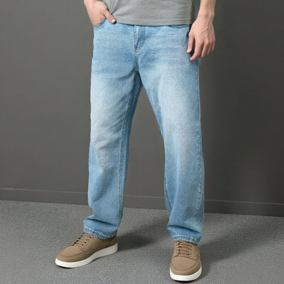 MHFRRA Mens Straight Leg Jeans Men's Slim Fit Blue Jeans Stretch Denim Pants Classic Pocket Design Comfort Waist Mid Rise (71% Blue Wash) Size L