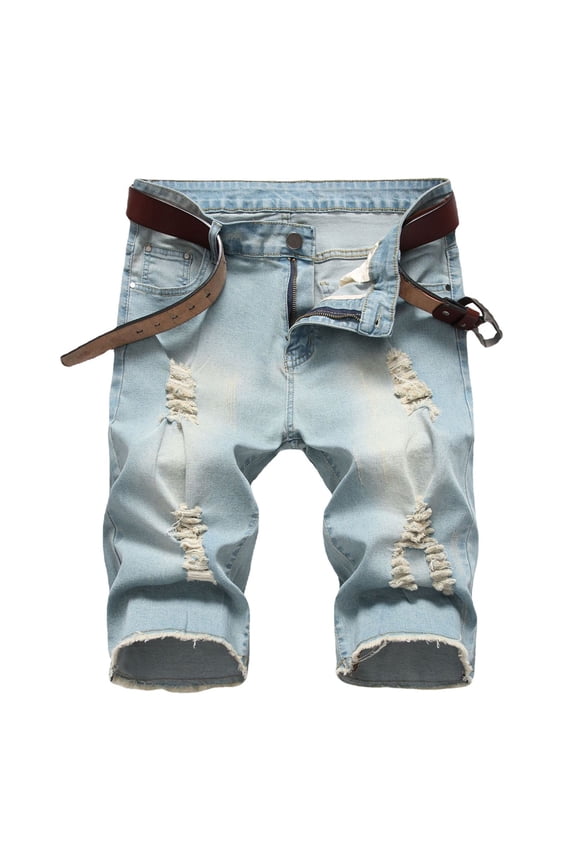 Mens Stretch Jeans Mens Distressed Denim Shorts Casual Stretch Ripped Edges with Pockets
