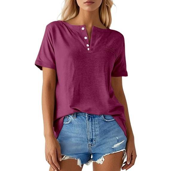 MHFRRA Short Sleeve Tops for Women Crew Neck T Shirt with Pockets Solid Color Casual Top S