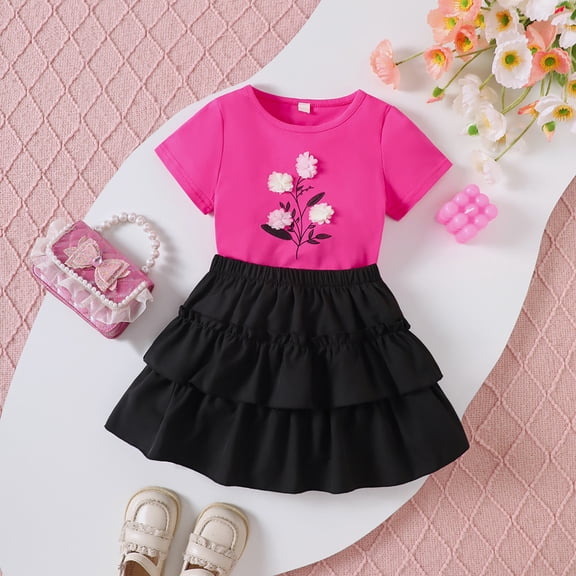MHFRRA Skirts for Girls Adorable 3D Floral Toddler Girls Spring Outfit 2025 Cute T Shirt & Tutu Dress Set for Easter Birthday Party 3-4 Years
