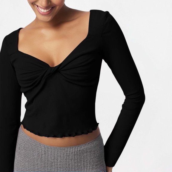 MHFRRA Style Women's Long Sleeve Knotted V Neck Solid Color Slim Fit T-Shirt Top for Casual Wear