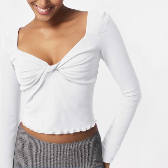 MHFRRA Style Women's Long Sleeve Knotted V Neck Solid Color Slim Fit T-Shirt Top for Casual Wear