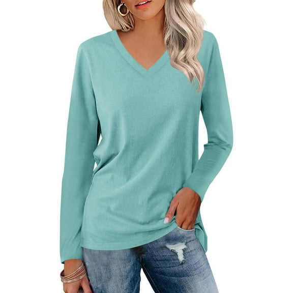 MHFRRA V-Neck Long Sleeve Tee for Women Soft Everyday Comfort Stretchable Casual Basic Top Timeless Fit