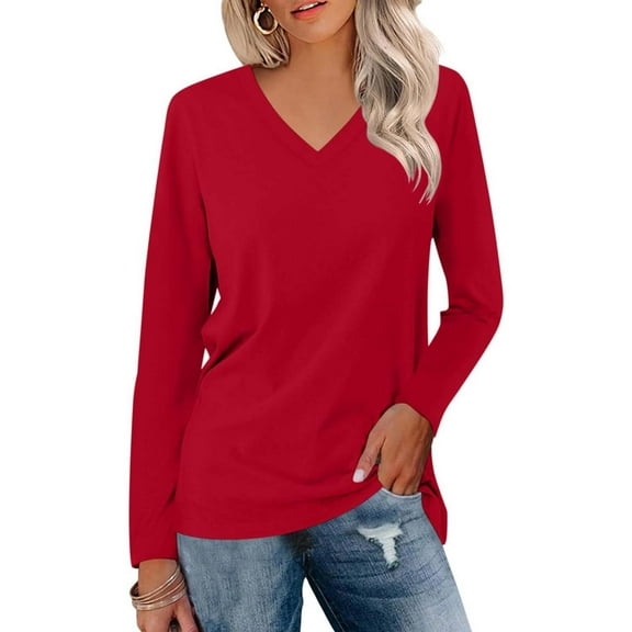 MHFRRA V-Neck Long Sleeve Tee for Women Soft Everyday Comfort Stretchable Casual Basic Top Timeless Fit
