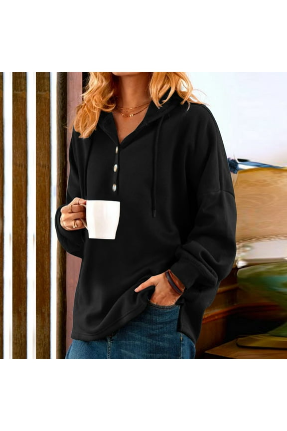 Women Hoodie Women's Casual Long Sleeve Solid Color Button Down Pullover Hoodie Sweatshirt Tops Blouse