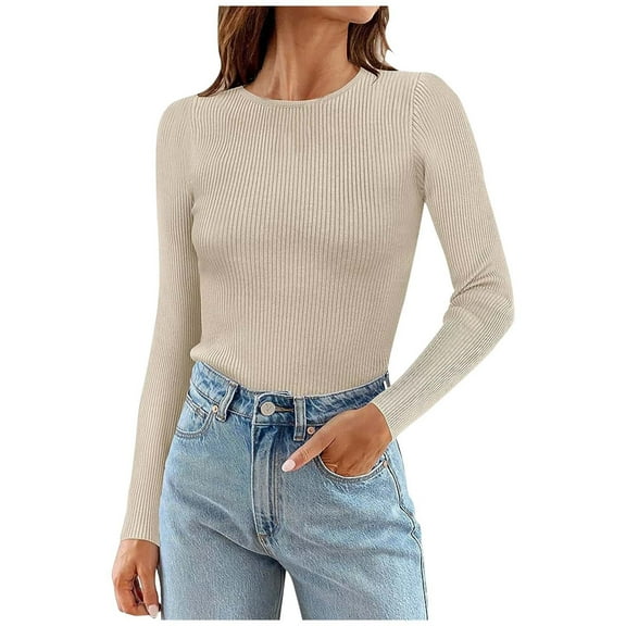 MHFRRA Women Winter Fashion Solid Color Long Sleeve Round Neck Ribbed Knit Slim Fit Casual T-Shirt Top