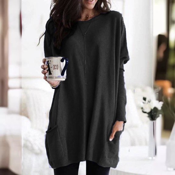 MHFRRA Women's Autumn Winter Fashion Long Sleeve Loose Fit T-Shirt with Pocket and Puff Sleeve Design for Casual Comfort