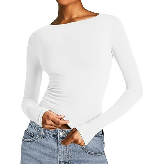 MHFRRA Women's Casual Long Sleeve T-Shirt for Spring Autumn Wear Soft Comfortable Stretchable Daily Basic Tee Top with Slim Fit Design and Solid Color
