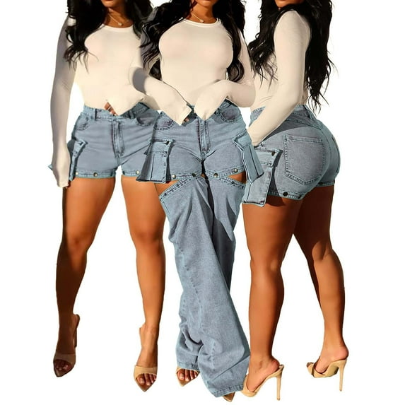 MHFRRA Women's Convertible Detachable Pocket Denim Shorts and Pants and Versatile Stretchy Bottoms for Every Occasion