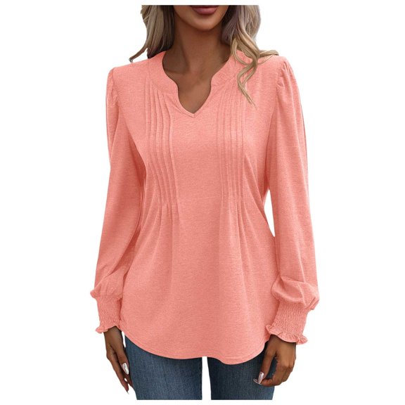 MHFRRA Women's Fashion V-Neck Long Sleeve T-Shirt Soft Comfortable Casual Daily Wear Basic Solid Color Top for Ladies