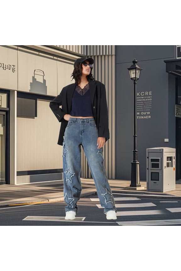 Women's Jeans Star Embroidered Blue Denim Pants Loose Fit Straight Leg Wide Leg Trousers Unique Design Fashion Jeans
