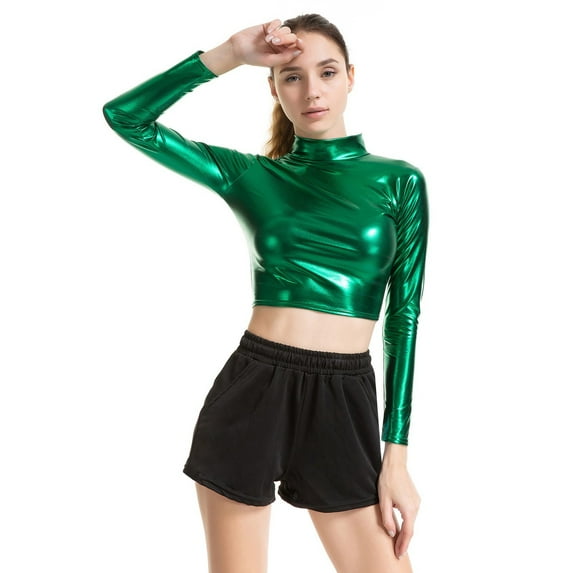 MHFRRA Women's Long Sleeve Performance Shirt Slim Fit High Neck Glossy Coated T-Shirt for Dance Yoga Workout and Athletic Wear