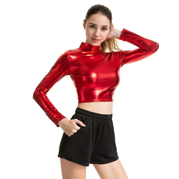 MHFRRA Women's Long Sleeve Performance Shirt Slim Fit High Neck Glossy Coated T-Shirt for Dance Yoga Workout and Athletic Wear