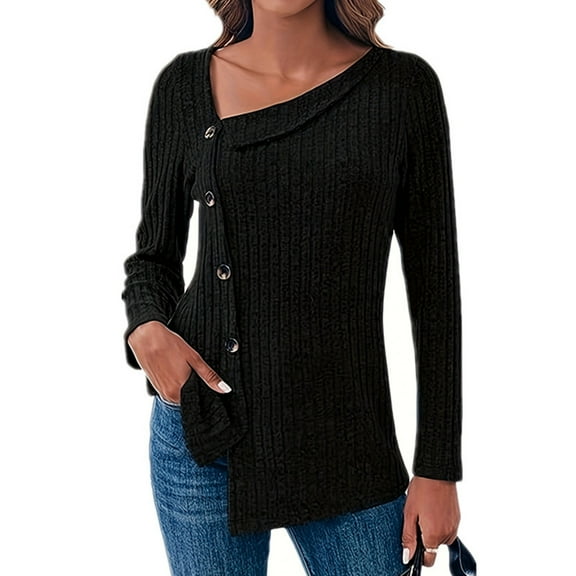 MHFRRA Women's Loose Fit Button Down Asymmetrical Long Sleeve Tunic Top with Fall Irregular Hem Design