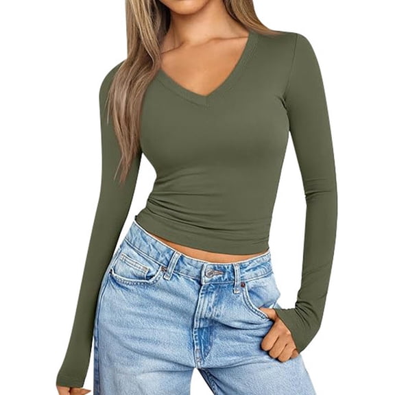 MHFRRA Women's Solid Color V-Neck Long Sleeve T-Shirt Slim Fit Stretch Soft Comfortable Casual Basic Top Blouse for Daily Wear