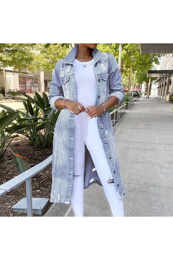 Womens Denim Jacket Women's Long Denim Trench Coat with Distressed Details and Lapel Collar for Autumn and Winter Fashion