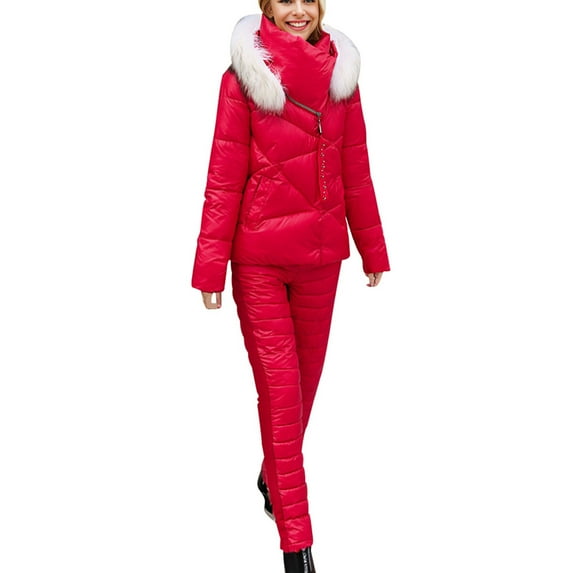 MHFRRA Womens Snow Jacket Women's Autumn and Winter Solid Color Ski Wear Outdoor Fashionable Sports Thickened Short Warm and Cold Proof Two Piece Set