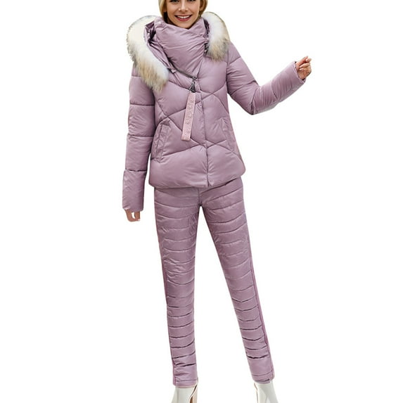 MHFRRA Womens Snow Jacket Women's Autumn and Winter Solid Color Ski Wear Outdoor Fashionable Sports Thickened Short Warm and Cold Proof Two Piece Set