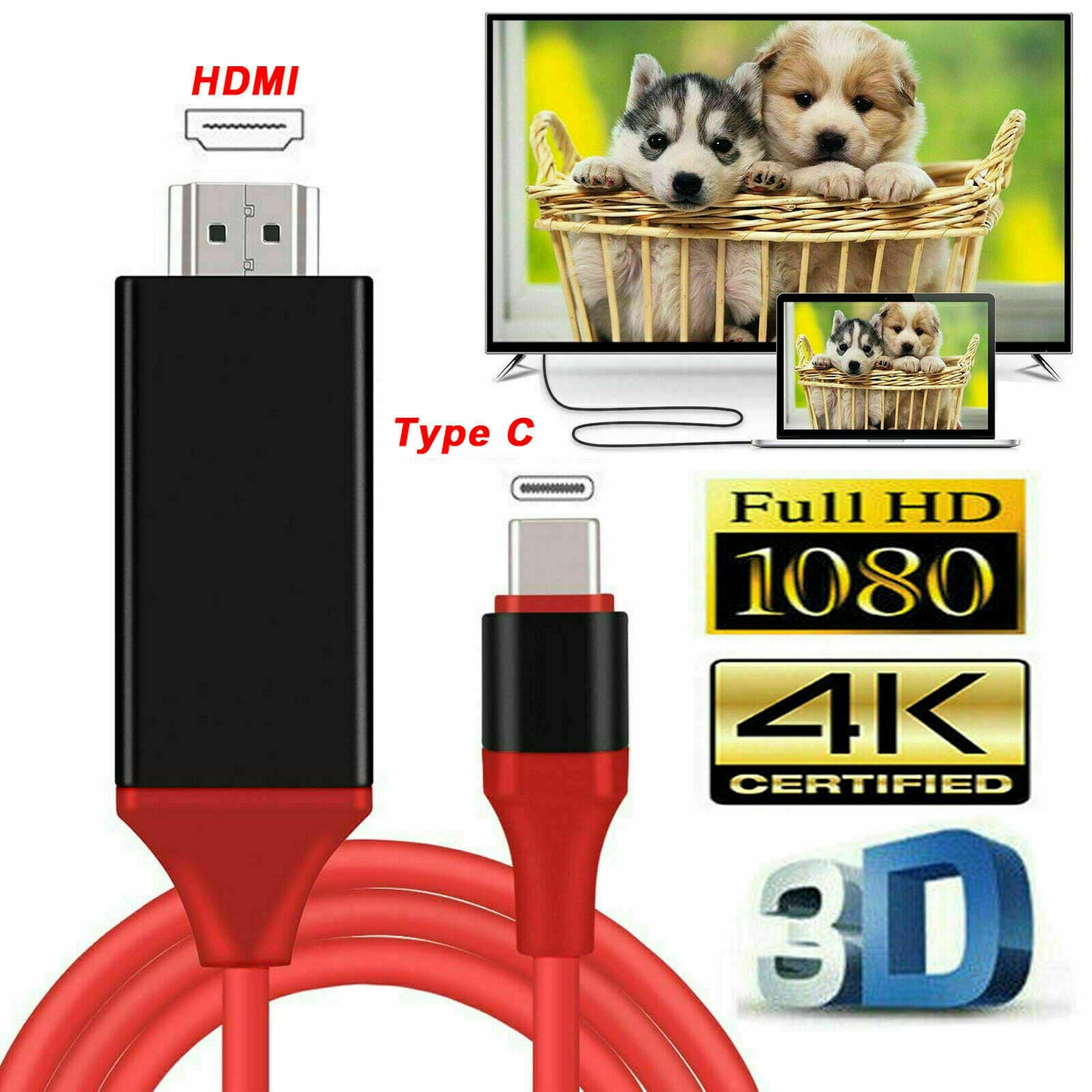 MHL USBC Type C to HDMI 1080P HD TV Cable Adapter For Android Phones Samsung LG (Red, 6.6ft