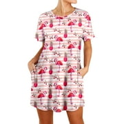 MHL Women Flamingo Leaf Pineapple Print Round Neck Short Sleeve Sleep Dress