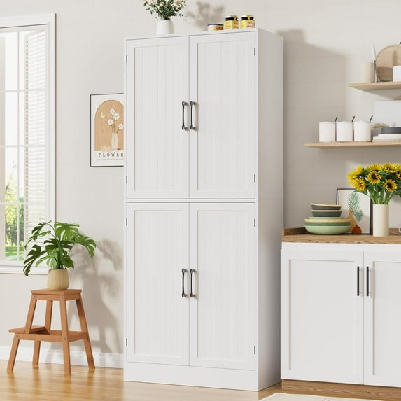 MHOM 71" Farmhouse Pantry Cabinet, Tall Storage Cabinet with 4 Doors and Adjustable Shelves, Freestanding Pantry for Dining Room, Kitchen, and Living Room, White