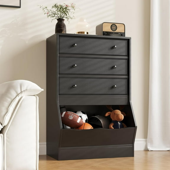 MHOM Fabric Dresser for Bedroom, Small Dresser with PU & Fabric Drawers, Modern Wooden Storage Cabinet with Open Cube for Closet, and Bedroom, Black