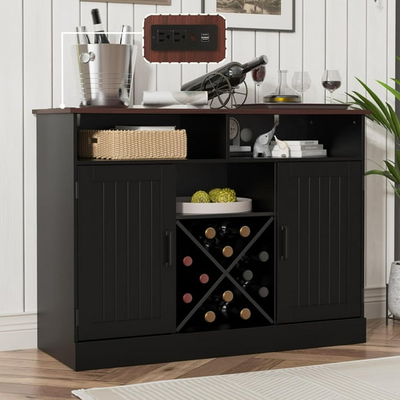 MHOM Farmhouse Coffee Bar Cabinet with Prower Outlets, Rustic Liquor Cabinet with Wine Rack, Wooden Wine Cabinet for Dining Room & Living Room, Black