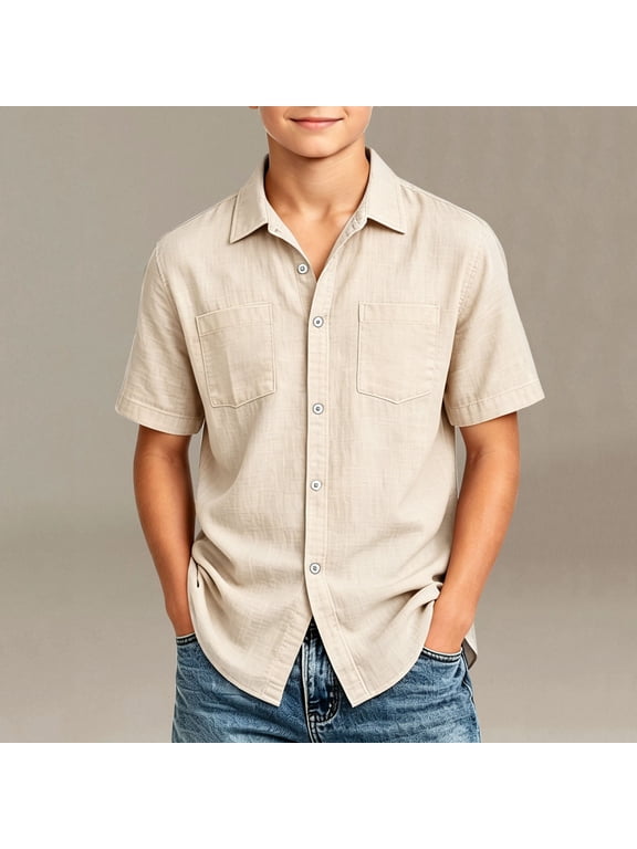 Boys Cotton Linen Shirts Short Sleeve Casual Lightweight Button Down Shirt Summer Beach Vacation Tops with Pocket 5-15 Years