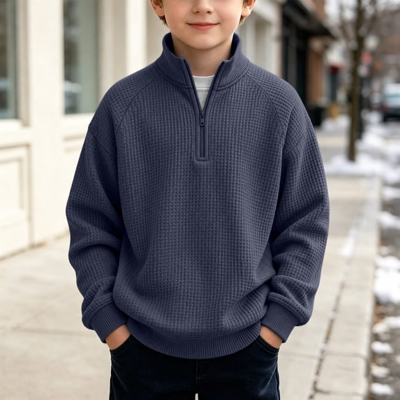 MHOSTAFH Boys Quarter Zip Pullover Warm Stand Collar Sweatshirt Loose Fit Fall Winter Outfits 3-14Years