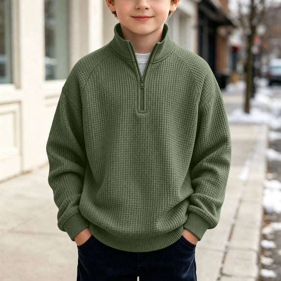 MHOSTAFH Boys Quarter Zip Pullover Warm Stand Collar Sweatshirt Loose Fit Fall Winter Outfits 3-14Years