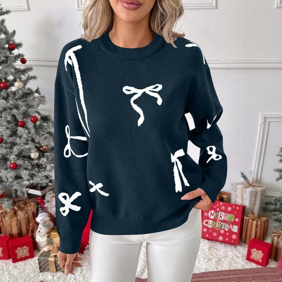 MHOSTAFH Long Sleeve Pullover Sweaters for Women Solid Color Trendy Crewneck Sweater Tops Casual Loose Cute Bow Knit Sweater