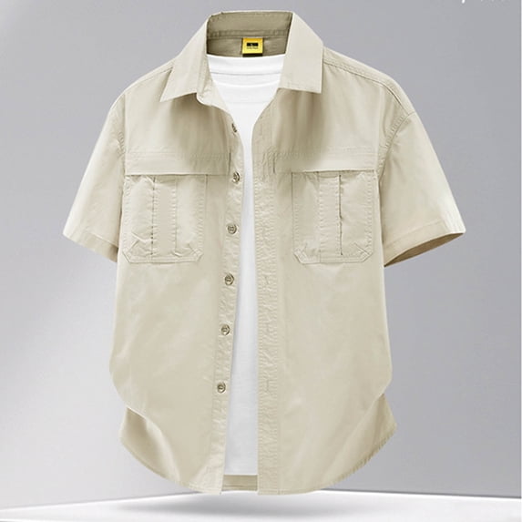 MHOSTAFH Men's Fishing Shirt Short Sleeves Button Down Casual Hiking Work Tops Spring Summer Travel Clothes