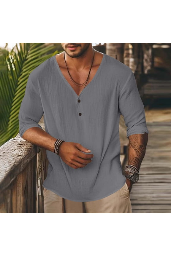 Men's Long Sleeve Shirt Solid Color Deep V Neck Button Pullover Shirts Yoga Spring spring fall winter Beach Vacation Tops
