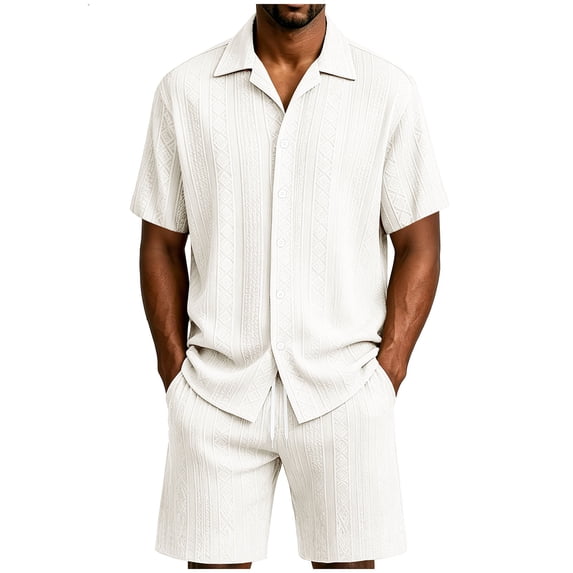 MHOSTAFH Men's Shorts Set Summer Beach Vacation 2 Piece Outfits Short Sleeve Shirts and Drawstring Short Pant Loungewear Set