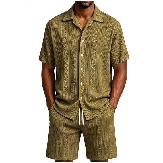 MHOSTAFH Men's Shorts Set Summer Beach Vacation 2 Piece Outfits Short Sleeve Shirts and Drawstring Short Pant Loungewear Set