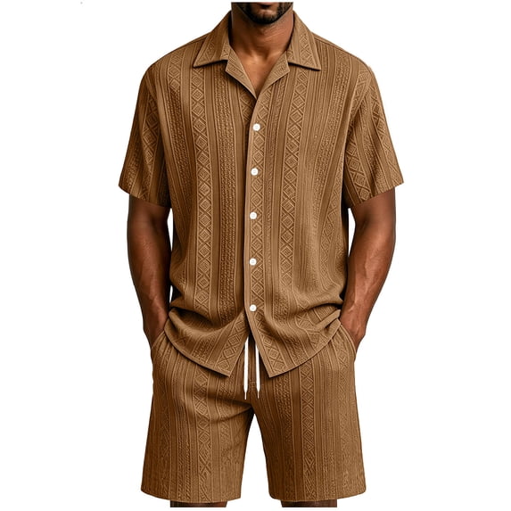 MHOSTAFH Men's Shorts Set Summer Beach Vacation 2 Piece Outfits Short Sleeve Shirts and Drawstring Short Pant Loungewear Set