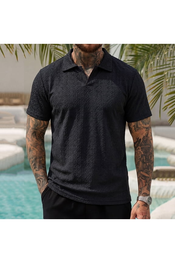 Men's Summer Collared Shirt Short Sleeve Knit Textured Pullover Tops Casual Vacation V Neck Golf Shirts