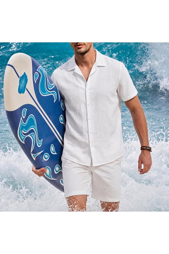 Mens Beach Vacation Shirts Casual Loose Button Down Shirt Short Sleeve Summer Open Front Collared Shirt