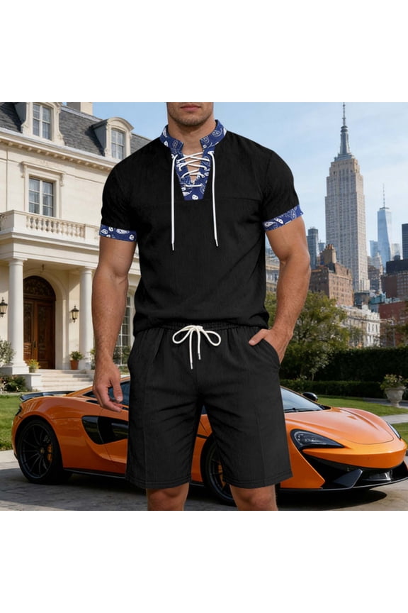 Two Piece Outfits for Men Short Sleeve Pullover Shirts Shorts Matching Set Summer Loungewear Set