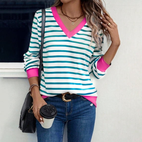 MHOSTAFH Women's Color Block V Neck Shirts Striped Long Sleeve Pullover Tops Fall Fashion Clothes for Ladies