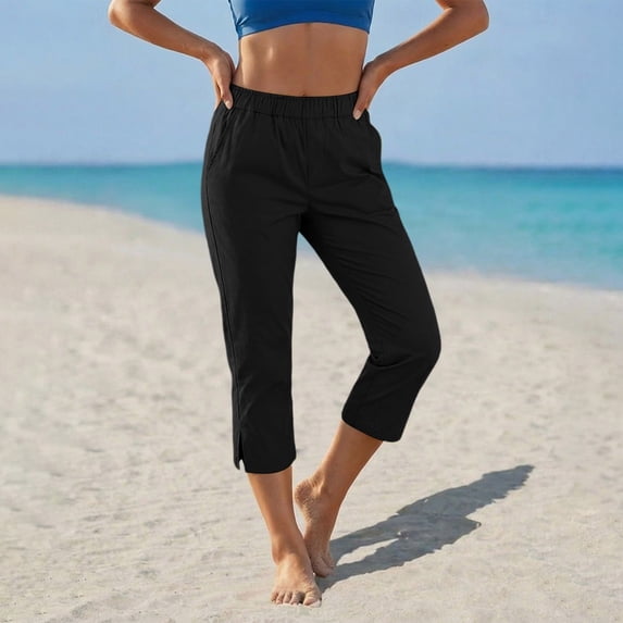 MHOSTAFH Women's Cotton Linen Capris Lightweight Summer Elastic Waisted Split Side Cropped Trouser Casual Sports Capri Pants with Pockets