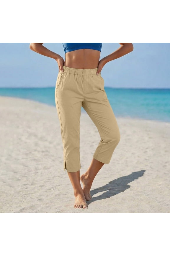 Women's Cotton Linen Capris Lightweight Summer Elastic Waisted Split Side Cropped Trouser Casual Sports Capri Pants with Pockets