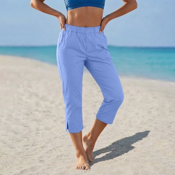 MHOSTAFH Women's Cotton Linen Capris Lightweight Summer Elastic Waisted Split Side Cropped Trouser Casual Sports Capri Pants with Pockets