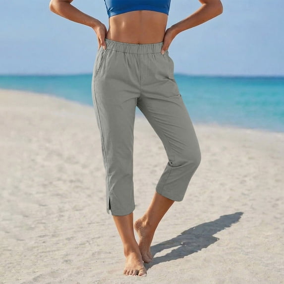 MHOSTAFH Women's Cotton Linen Capris Lightweight Summer Elastic Waisted Split Side Cropped Trouser Casual Sports Capri Pants with Pockets