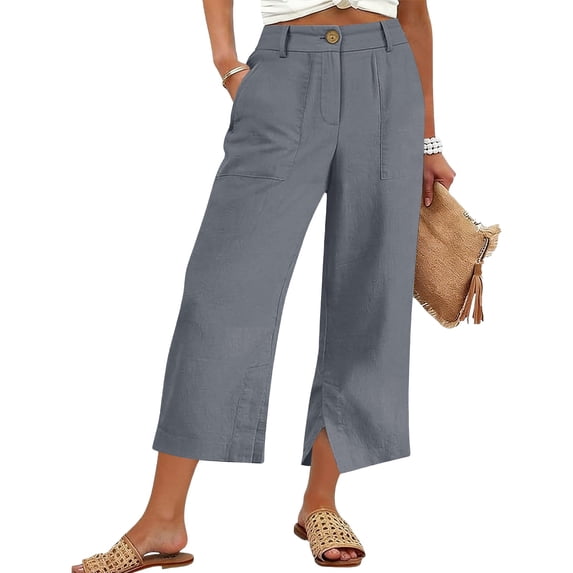MHOSTAFH Women's Cotton Linen Wide Leg Capris High Waisted Front Zipper Button Cropped Trousers Summer Casual Office Capri Pants