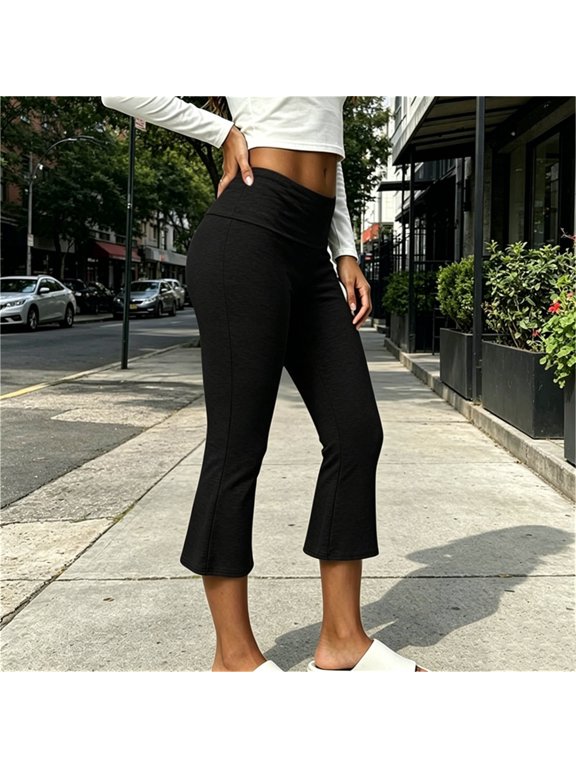 Women's Flared Yoga Capris Skinny Elastic Low Waist Cropped Gym Workout Bell Bottom Slim Fit Sports Capri Pant