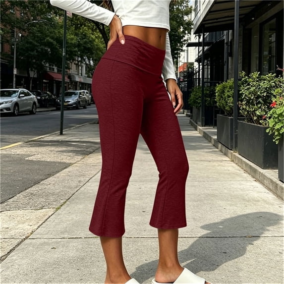 MHOSTAFH Women's Flared Yoga Capris Skinny Elastic Low Waist Cropped Gym Workout Bell Bottom Slim Fit Sports Capri Pant